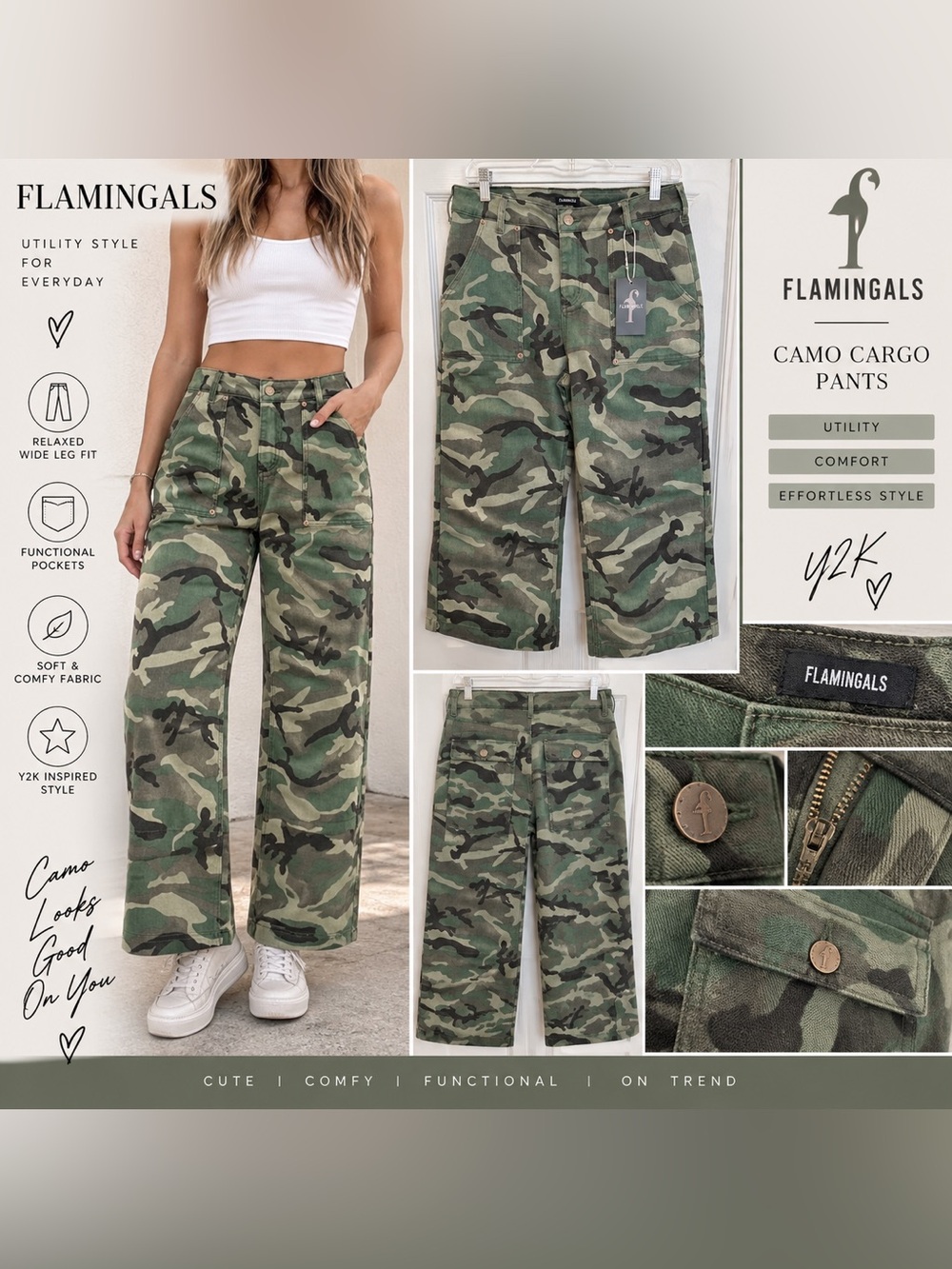 Flamingals Camo Cargo Pants Women’s Large NWT Wide Leg Y2K Utility